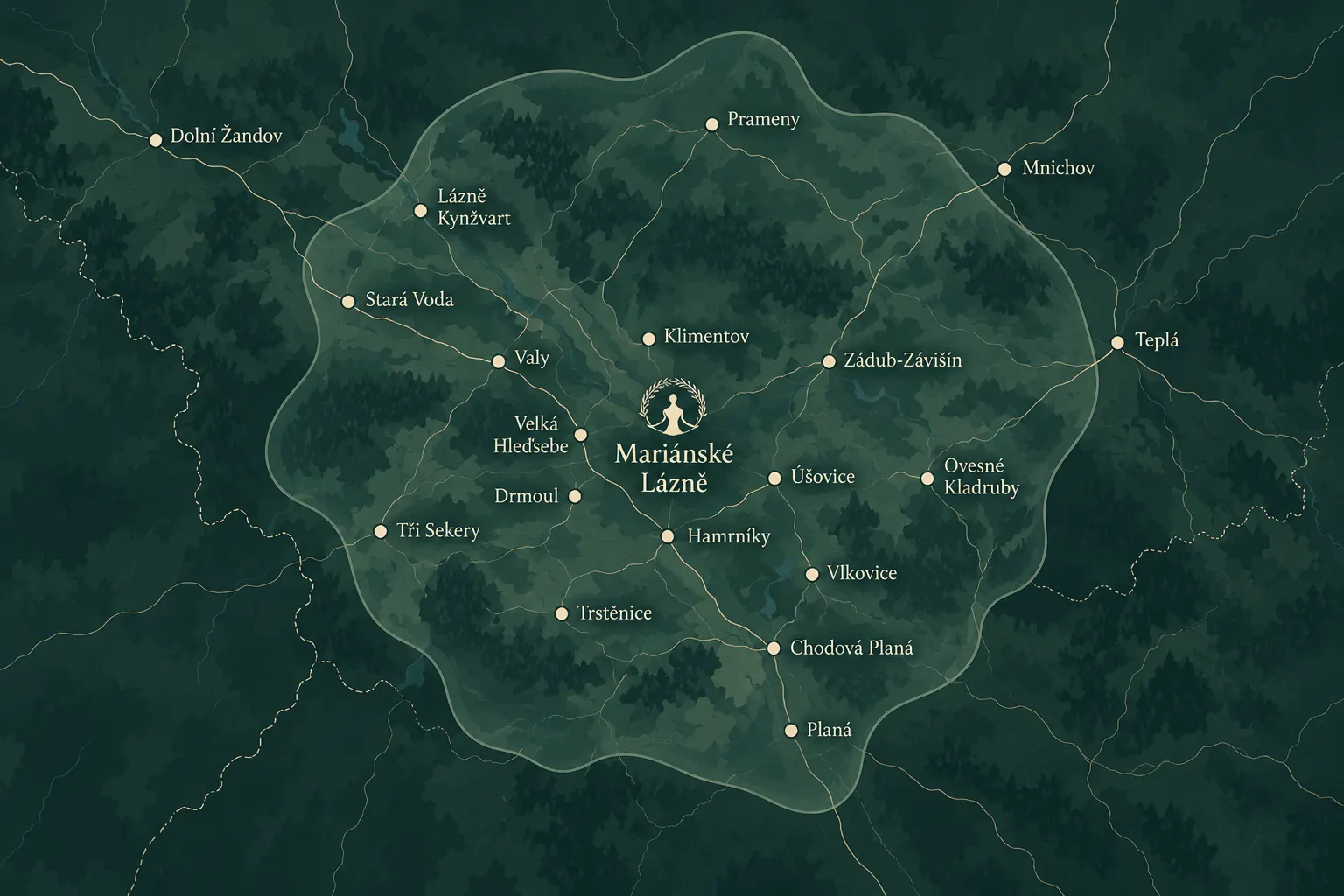 Ilustrovaná mapa dojezdového okruhu 20 km kolem Mariánských Lázní s vyznačenými okolními lokalitami